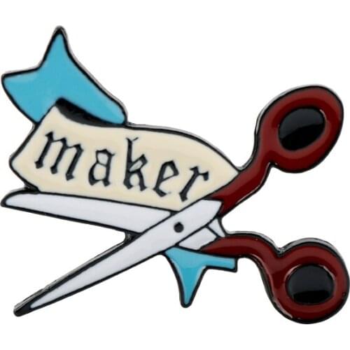 Red Scissors Enamel Brooch Blue Ribbon Shears Pin Clothes Bag Lapel Pins Badge Industrious Jewelry Tailor Worker Gift