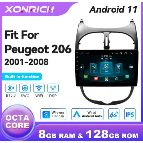 4G RAM Android 10.0 Car Radio Multimedia Player For Peugeot 206 2001-2008 GPS Navigation Autoradio AI Voice Control Car play RDS