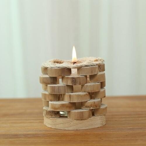 Modern Style Round Wooden Candle Holder with Glass Cup Handmade Wood Craft Candle Stand Home/Bar Decor Figurines Holiday Gift