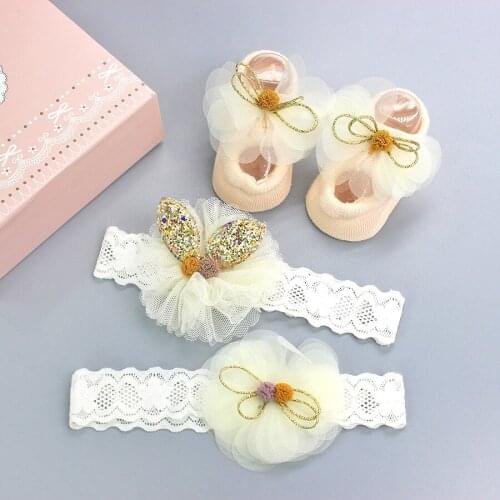 3 Pieces/set of Cute Flower Baby Headband Socks Princess Elastic Headband Female Baby Non-slip Children Socks Baby Accessories
