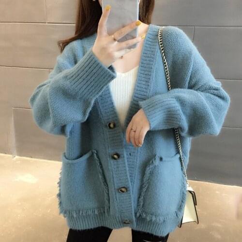 Fad Womens Autumn Sweater Oversized Solid Knitted Spring Cardigans Loose Single Breasted V Neck with Pockets Casual Outwear
