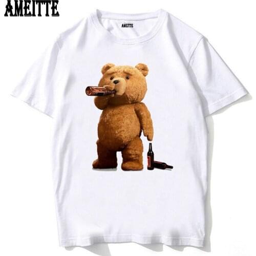 Humor Bear Pee Drink Beer Drunk Print T-Shirt New Summer Men Short Sleeve Women Funny Cartoon Casual White Tees Hip Hop Boy TopS