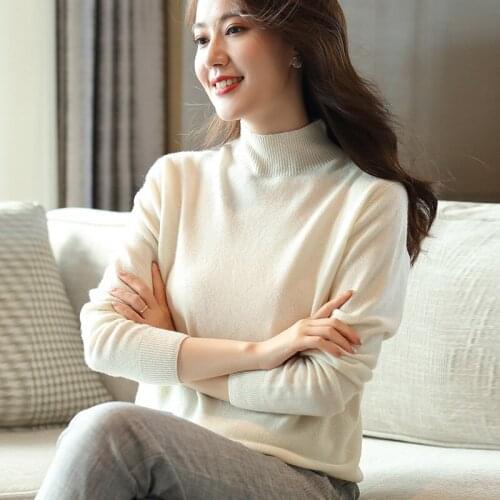 Autumn Winter Pure Color 100 Pure Cardigan Women Half High Collar Full Wool Bottoming Sweater Pullover Women