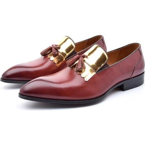 Fashion Tassel Genuine Leather Dress Men Shoes Mens Business Party Pointed Toe Shoes England Trendy Career Office Work Shoes