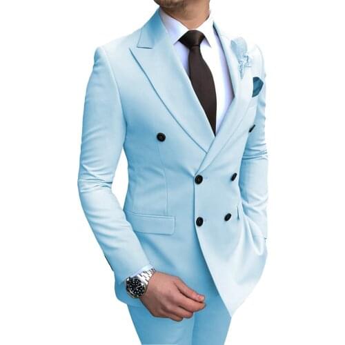 Beige/White 2020 Mens Suit 2 piece Casual Double Breasted Notch Lapel Flat Tuxedos Groomsmen for Wedding (Blazer+Pant)