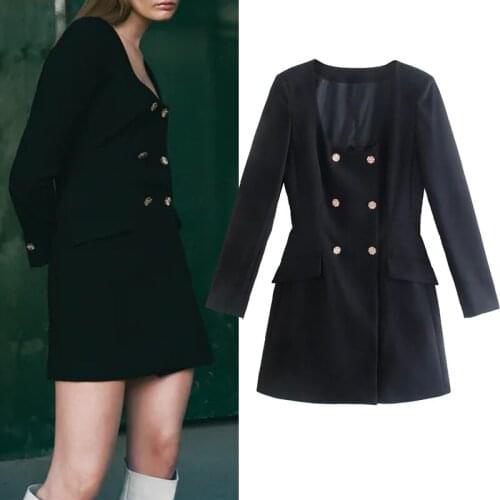 TRAF Za Black Blazer Dress Woman Elegant Office Mini Dress Women Autumn 2021 Rhinestone Buttons Long Sleeve Short Dresses