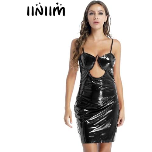 Womens Patent Leather Dress Hollow Out Adjustable Spaghetti Strap Festival Rave Costume Low-cut Bodycon Mini Dresses Clubwear