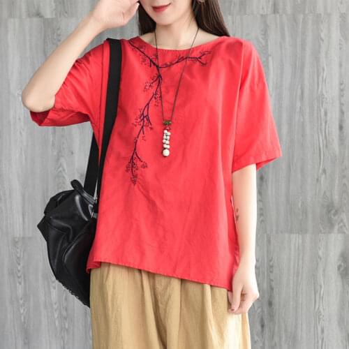 Plus size Women Blouse 100% Cotton Blouse Summer Ladies Tops Casual Embroidery High quality Short sleeve Solid color Red 4XL