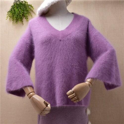 Pull female women hairy angora rabbit hair knitted v-neck three quarter sleeves loose pullover mink cashmere jumper sweater pull