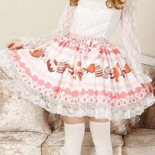 Adomoe Baby Pink Candy Skirt Cute Cake printed Japan Kawaii Eelegant Lace Lolita skirt Princess SK Pretty Skirts for Women