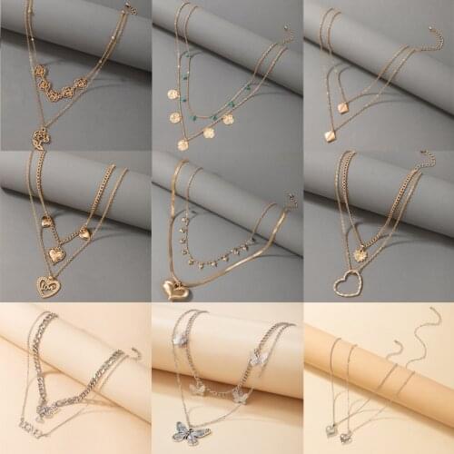 Tocona Heart Pendant Neckalce for Women Luxury Pearl Stone Butterfly Flowers Geoemtric Multi-layer Clavicle Chain Jewelry