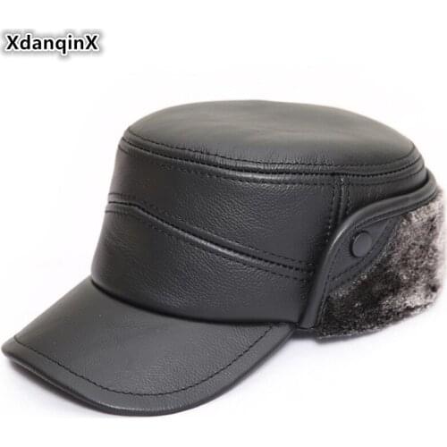 XdanqinX Middle-aged Men Winter Hat Thick Warm Genuine Leather Hats Mens Flat Cap Military Hats Cowhide Leather Cap Brands Caps