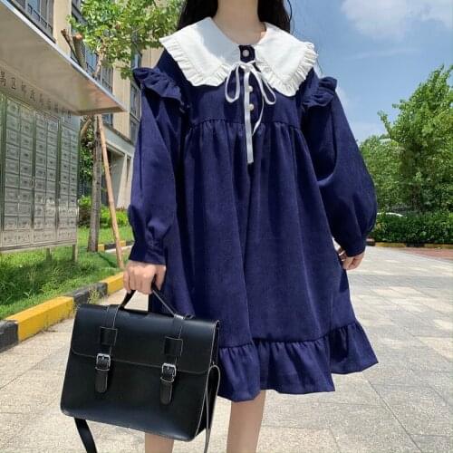 Japanese Harajuku Sweet Lolita Dress Peter Pan Collar Pearl Buttons Puff Sleeve Loose Corduroy Princess Dress Girls Kawaii Dress