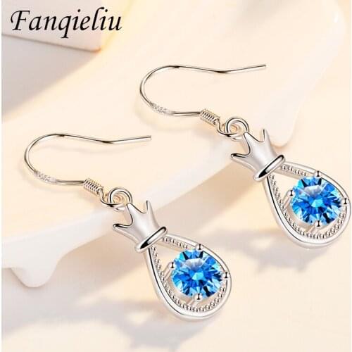 Fanqieliu Blue Pink White Crystal Crown 925 Sterling Silver Drop Earrings For Women FQL21278