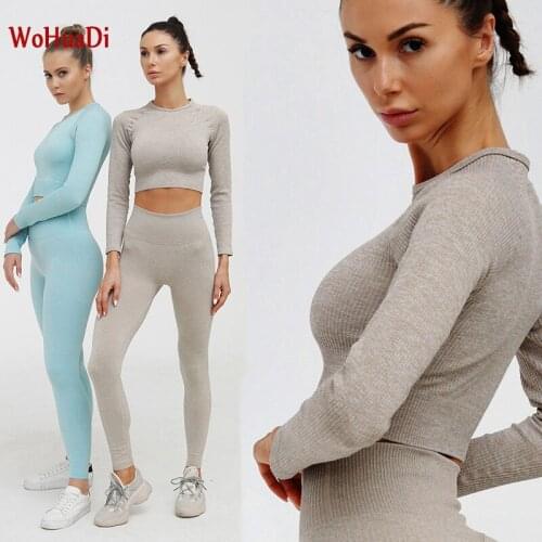 WOHUADI Women Yoga Set Gym Clothing Seamless Gradient Leggings+Long sleeve Top t-shirt Workout Sport Suit Women Fitness Set