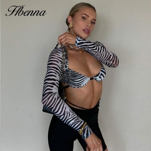 Hbenna Zebra Print Crop Top Women Long Sleeve Sexy Hollow Out Backless Sexy Party Streetwear Super Short Shirts V-Neck Summer
