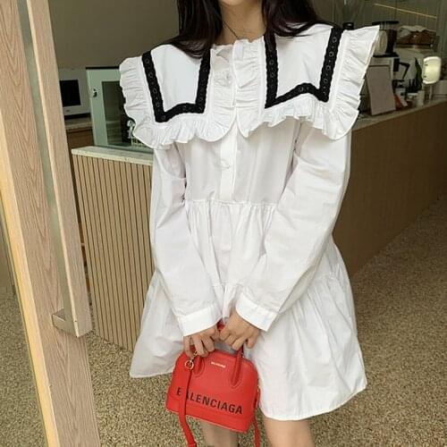 Streetwear Long Sleeve Shirt Dress Women Ruffles White Black Elegant Dress Loose Korean Plus Size Dresses