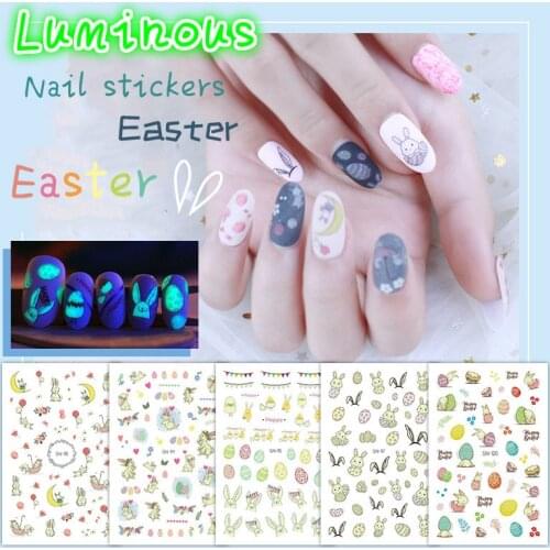 1 Pc Childrens Luminous Easter Nail Art Stickers Bunny Easter Egg Festive Nail Art 3D Nail Decal Manicure Decorations 9.2*6 Cm