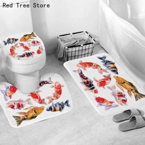 3Pcs/set Bathroom Mat Goldfish Cat Animal Print Anti Slip Kitchen Bath Coral Fleece Floor Lid Cover Washable Bathroom Toilet Rug