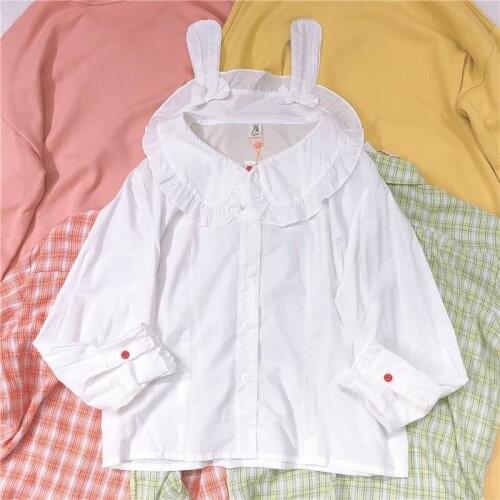 Japanese Preppy Style White Lolita Blouse Cute Peter Pan Collar Autumn Shirts Soft Girl Sweet Loose Rabbit Ear Blouses Blusas