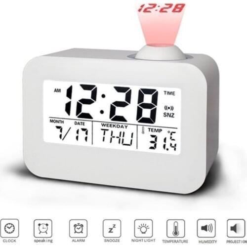 Digital Voice Timekeeping LED Projection Snooze Alarm Clock with Thermometer Calendar Projector Clock