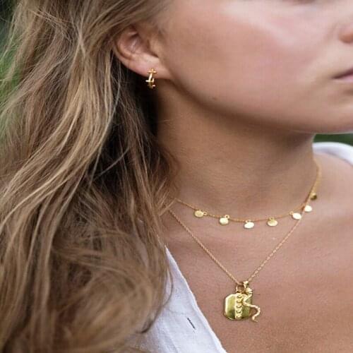 ALYXUY Double-layer Gold Color Pendant Necklaces Wafer Snake Square Chain Choker Long Pendant Necklace Collar Women Jewelry Gift