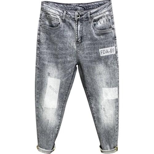 Jeans for Men 2021 Summer Stretch Grey Mens Cropped Trousers Harem Pants Casual Streetwear Patchwork Jeans Man Pantalon Homme