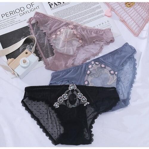 Hot Sexy Transparent Lace Panties for Women Lingerie Seamless Thong Briefs Embroidery Dot Lolita Panty Cute Underwear Low Rise