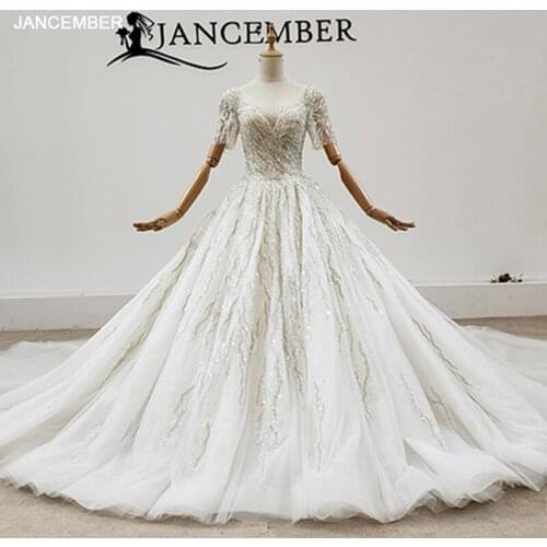 HTL1670 Luxuriously Embellished With Pearl Sequin Crystal O-Neck Wedding Dress 2020 Big Train Short Sleeve lorie wedding dress