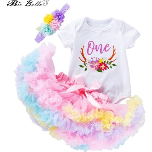 Baby 1st/2nd Birthday Outfits Party Kids Sets Toddler Christening Gown Fluffy Pink Baby Bodysuit+Tutu SKirts+Headband 3pcs Set