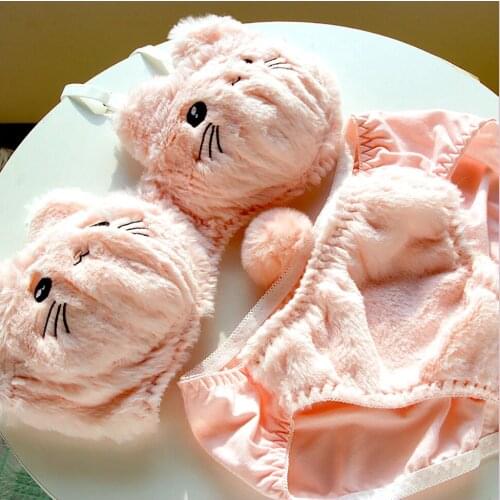 Girls Cute Cat Bras Set Plush Embroidery Cartoon Lingerie For Woman Kawaii Lolita Underwear Soft Cotton Intimates Woman Clothing