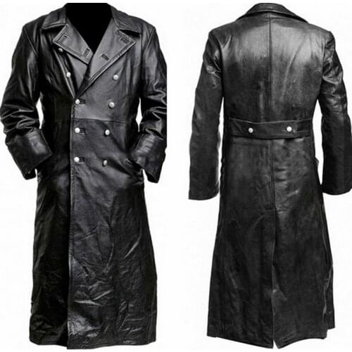 Vintage PU Leather Jacket Man Top Quality Winter Buttons Long Trench Mens Business Outerwear Fashion Premium Officer Coat Black