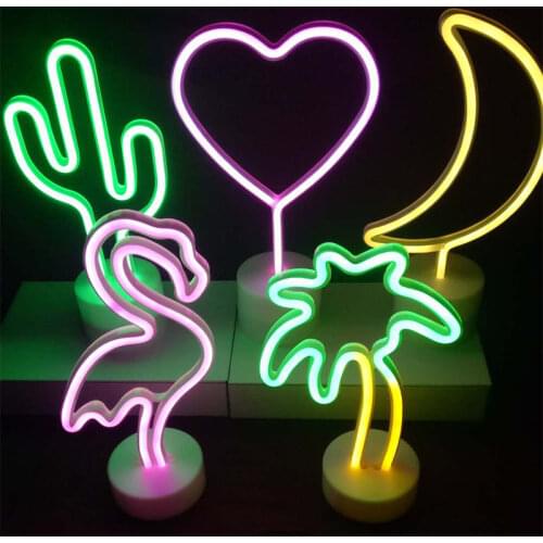 Flamingo Led Neon Light Coconut Tree Cactus Unicorn Shape Lamp Stand Colorful Home Room Decoration Christmas Battery Night light