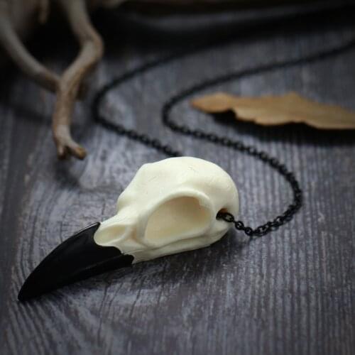 Black White Crow Skull Pendant Necklace Cast Resin Replica 2.75" Magpie Skull Unique Gift Bird Skull Horror Goth Skull Gift