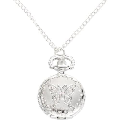 Silver Quartz Butterfly Arabic numerals Pocket Watch with Vintage Necklace