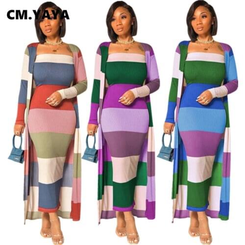 CM.YAYA Knitted Sexy Club Two 2 Pieces Set Women Fall Winter Fitness Outfit Long Coats Tops + Dress Set Striped Print Tracksuit