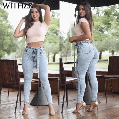 WITHZZ Spring Autumn Sexy Denim Pants High Waist Snowflake Streamer Trousers Pencil Pants Womens Light Jeans