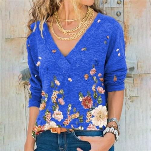 Vintage T Shirt Women Long Sleeve Shirt Cotton V Neck Loose Tee Shirt Woman Autumn Clothes Basic Pullover Ladies Casual Top