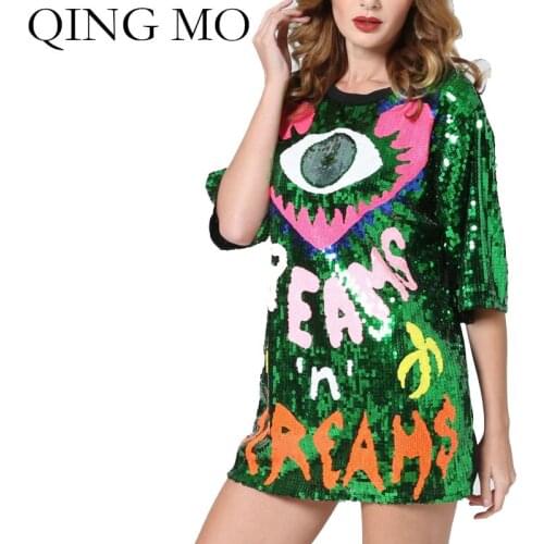 QING MO Green Red Blue Black Women Letter Printed T Shirt 2021 Summer Women Full Sequin T Shirt Female Loose T Shirt ZQY7404