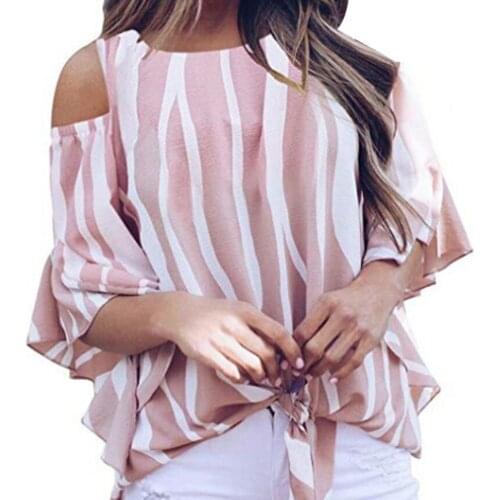 Women Chiffon Blouses Off Shoulder Ruffles Half Sleeve Sexy Round Neck Bowknot Striped Shirt Tops for Daily Wear Black xxxl