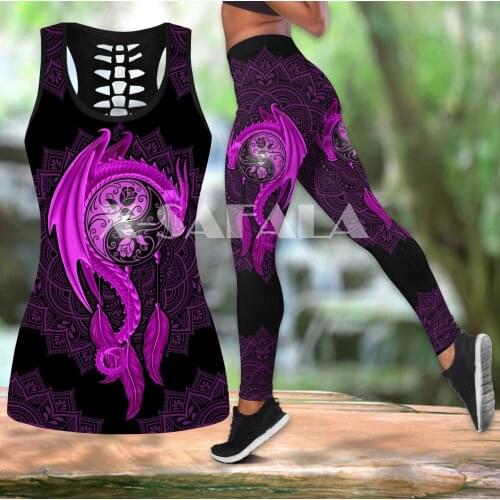 Mandala Purple Dragon Tattoo Two Piece Yoga Set Women 3D Print Vest Hollow Out Tank Top High Waist Legging Summer Casual Sport1