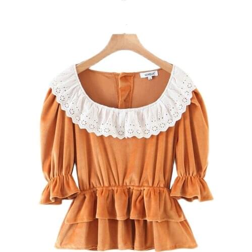 Womens 2021 Sweet and Fashion Lace Edge Stitching Draping Solid Color Top Retro Short Sleeve Top Streetwear Shirt Women