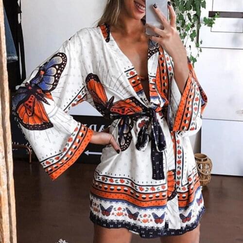 2021 Summer New Exotic Waist Tight Mini Dress Deep V-neck Breathable Long Loose Butterfly Floral Print Sleeve Women Laced Dress