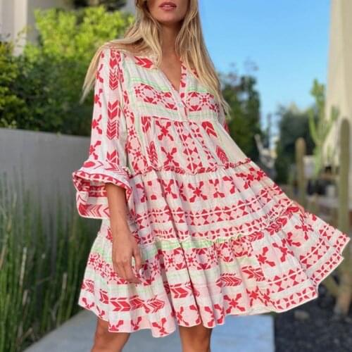 2021 Spring Autumn Geometric Print A-Line Dress Women Sexy V Neck Button Mini Dress Casual Flare Long Sleeve Beach Party Dresses