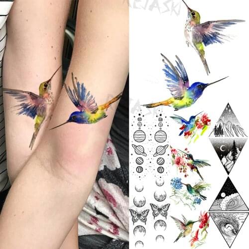 Watercolor Hummingbird Temporary Tattoos For Women Girl Planet Butterfly Geometry Mountain Fake Tattoo Body Art Decoration Tatoo