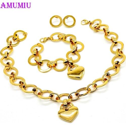 AMUMIU Romantic Heart Pattern Earrings Necklace Set Gold Color Chain Jewelry Sets Wedding Jewelry Valentines JS034