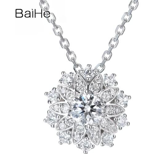 BAIHE Solid 18K White Gold 0.40ct Natural Diamond Wedding Trendy Jewelry Delicate diamond flowers Gift Necklaces