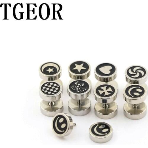 Free shipping illusion cheaters 20pcs 10mm Stainless Steel double side drop black oil star heart cross piercing fake plugs