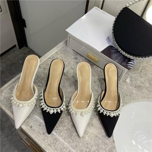 2021 New Stiletto Heel Fashion Beaded Sandals Pointed High Heel Mules Womens Shoes