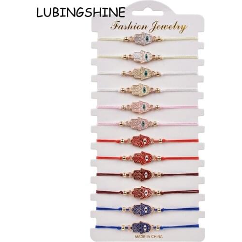 12pcs/lot Fatima Hand Charms Bracelet Set for Couples Women Girl Knit Adjustable Knot String Seed Bead Wristband Jewelry Gift